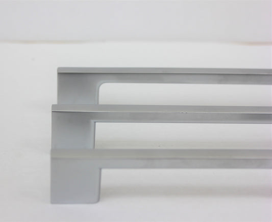 Brushed silver Craftline D handle for contemporary kitchen cabinets, drawers, and furniture