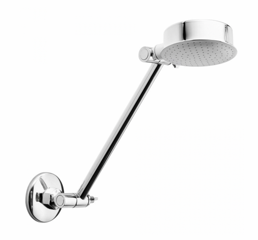 Chrome shower head with wall arm for modern bathrooms, durable finish, easy installation, and even water flow.