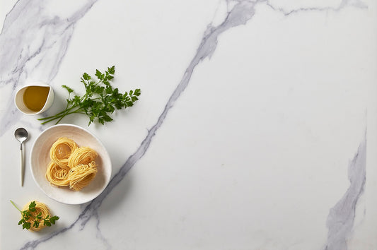 Classic Palazzo Ultra Natural quartz stone slab with natural veining, ideal for durable kitchen benchtops, bathroom vanities, laundry countertops, and modern interior surfaces.
