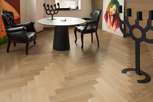 Coswick Pastel herringbone engineered oak timber flooring featuring a soft natural finish, durable European oak construction, and a classic parquet pattern for stylish residential and commercial spaces.