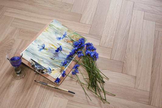 European oak herringbone engineered flooring in Davy's Grey by Coswick, combining natural wood beauty, strength, and timeless elegance.