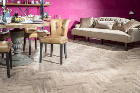 Grey Cashmere herringbone engineered timber flooring with natural oak wood grain, durable hardwood floorboards for modern homes and commercial interiors