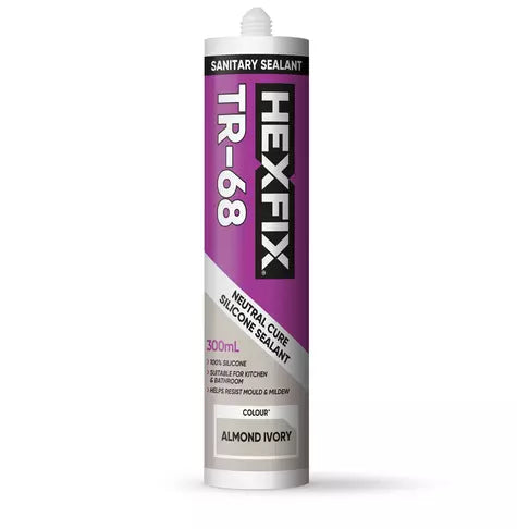 Hexfix TR-68 almond ivory sanitary silicone sealant 300ml for waterproof, mould-resistant sealing in bathrooms, kitchens, and wet areas