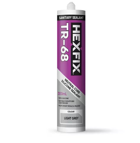 Hexfix TR-68 light grey sanitary silicone sealant 300ml for waterproof, mould-resistant sealing in bathrooms, kitchens, and wet areas