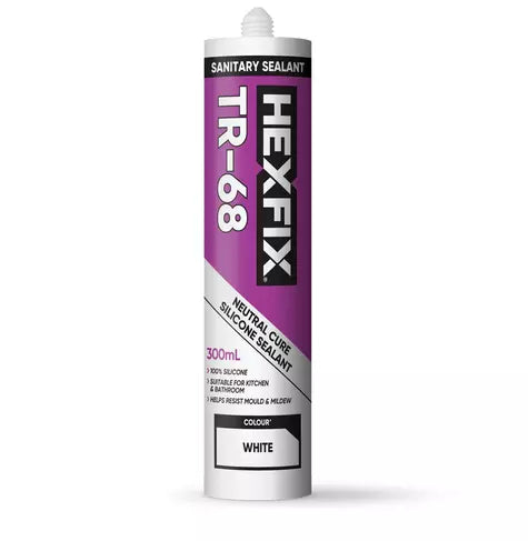 Hexfix TR-68 white sanitary silicone sealant 300ml for waterproof, mould-resistant sealing in kitchens and bathrooms