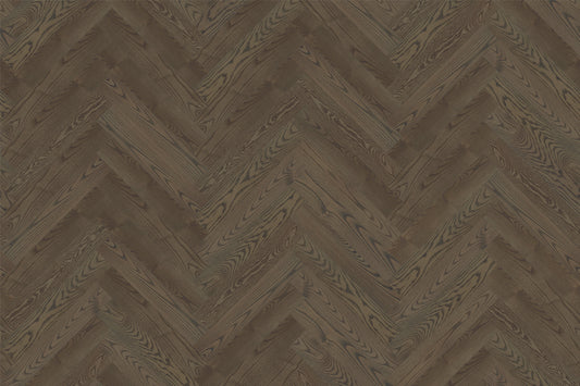 Mocca herringbone engineered oak timber flooring by Coswick with a warm medium-brown finish, durable hardwood construction, and timeless parquet design for modern and classic interiors.