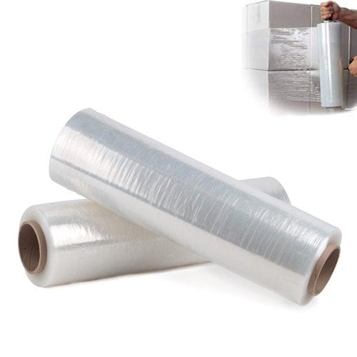 Clear 25 micron packing stretch wrap, 500mm x 300m roll for securely wrapping pallets, boxes and goods