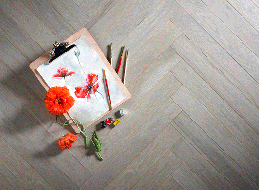Coswick Paynes Grey herringbone engineered oak timber flooring featuring a contemporary grey finish, durable European oak construction, and a timeless parquet design for modern residential and commercial interiors.