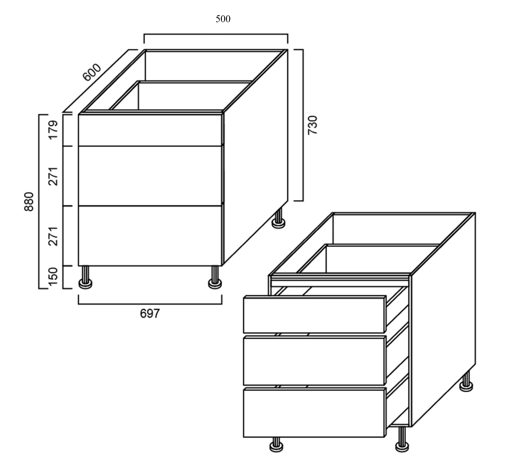 3 Drawer Cabinet 500mm - Imperial Glass and Timber