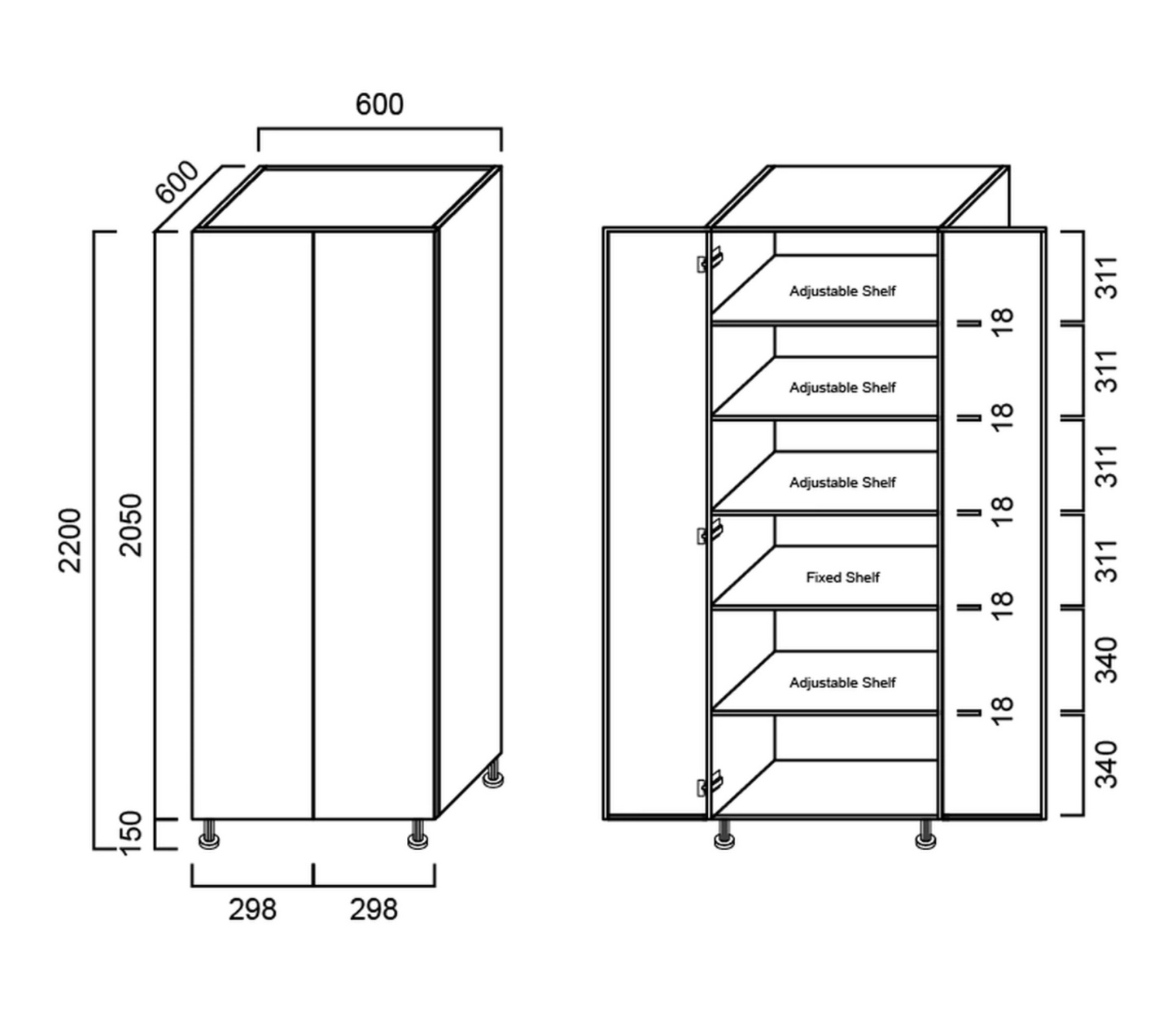 Pantry Cabinet - Double Door 600mm - Imperial Glass and Timber