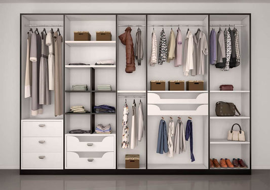Standard built-in wardrobe with custom storage, shelving and hanging space for organised bedroom storage