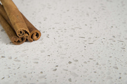 Turino standard quartz stone featuring a durable white engineered stone surface for kitchen benchtops, bathroom vanities, and laundry countertops.